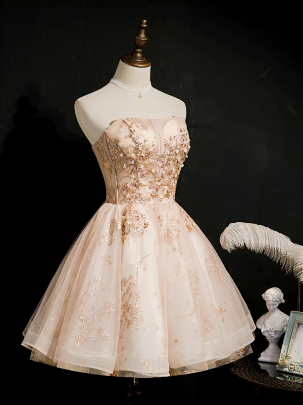 Chic / Belle Champagne Robe De Cocktail 2020 Robe Boule Bustier Sans Manches Perlage Paillettes Courte Volants Dos Nu Robe De Ceremonie