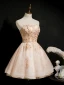 Chic / Belle Champagne Robe De Cocktail 2020 Robe Boule Bustier Sans Manches Perlage Paillettes Courte Volants Dos Nu Robe De Ceremonie