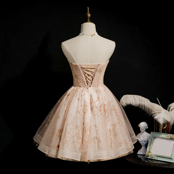 Chic / Belle Champagne Robe De Cocktail 2020 Robe Boule Bustier Sans Manches Perlage Paillettes Courte Volants Dos Nu Robe De Ceremonie