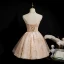 Chic / Belle Champagne Robe De Cocktail 2020 Robe Boule Bustier Sans Manches Perlage Paillettes Courte Volants Dos Nu Robe De Ceremonie