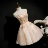 Chic / Beautiful Champagne Cocktail Dresses 2020 Ball Gown Strapless Sleeveless Beading Sequins Short Ruffle Backless Formal Dresses