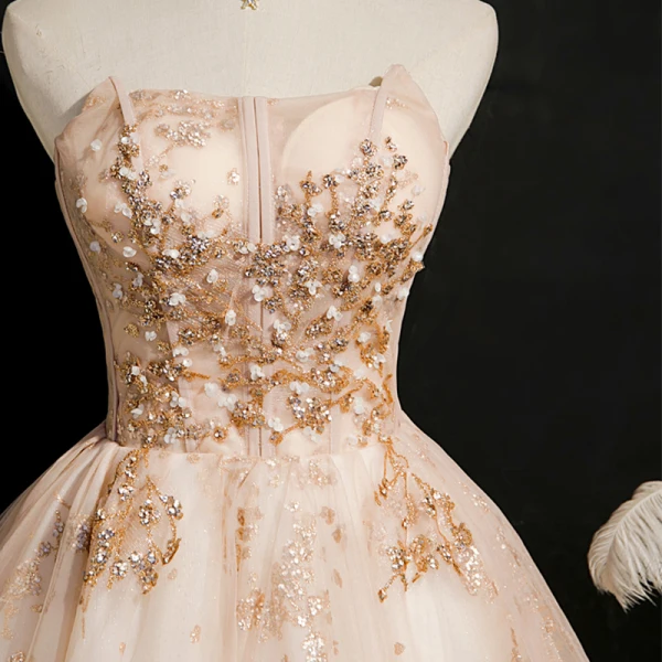 Chic / Belle Champagne Robe De Cocktail 2020 Robe Boule Bustier Sans Manches Perlage Paillettes Courte Volants Dos Nu Robe De Ceremonie