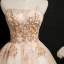 Chic / Belle Champagne Robe De Cocktail 2020 Robe Boule Bustier Sans Manches Perlage Paillettes Courte Volants Dos Nu Robe De Ceremonie