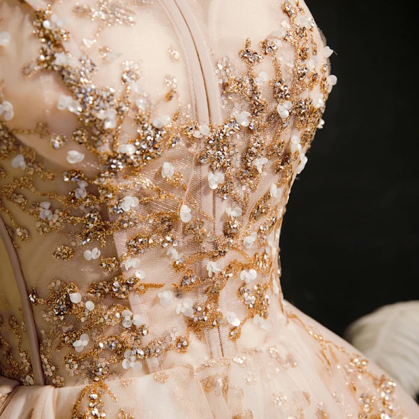 Chic / Belle Champagne Robe De Cocktail 2020 Robe Boule Bustier Sans Manches Perlage Paillettes Courte Volants Dos Nu Robe De Ceremonie