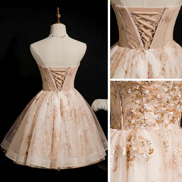 Chic / Belle Champagne Robe De Cocktail 2020 Robe Boule Bustier Sans Manches Perlage Paillettes Courte Volants Dos Nu Robe De Ceremonie