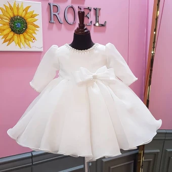 Modest Simple White Organza Birthday Flower Girl Dresses 2020 Ball Gown Scoop Neck Puffy 1 2 Sleeves Bow Pearl Short Ruffle Wedding Party Dresses