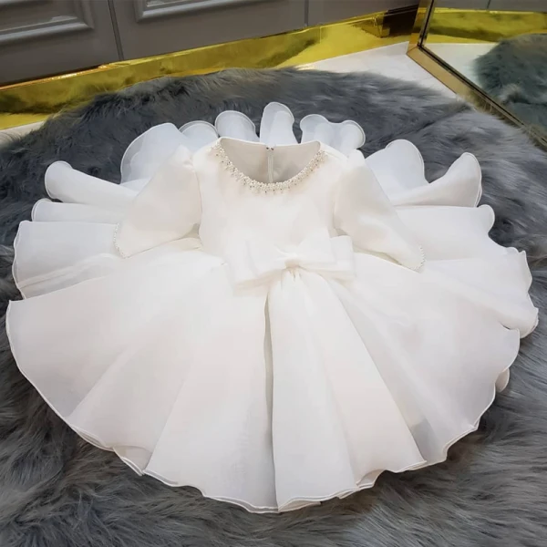 Modest / Simple White Organza Birthday Flower Girl Dresses 2020 Ball Gown Scoop Neck Puffy 1/2 Sleeves Bow Pearl Short Ruffle Wedding Party Dresses
