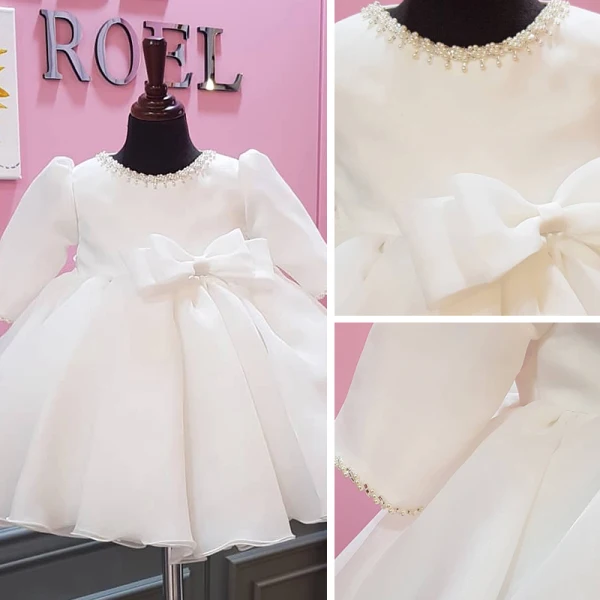 Modest / Simple White Organza Birthday Flower Girl Dresses 2020 Ball Gown Scoop Neck Puffy 1/2 Sleeves Bow Pearl Short Ruffle Wedding Party Dresses
