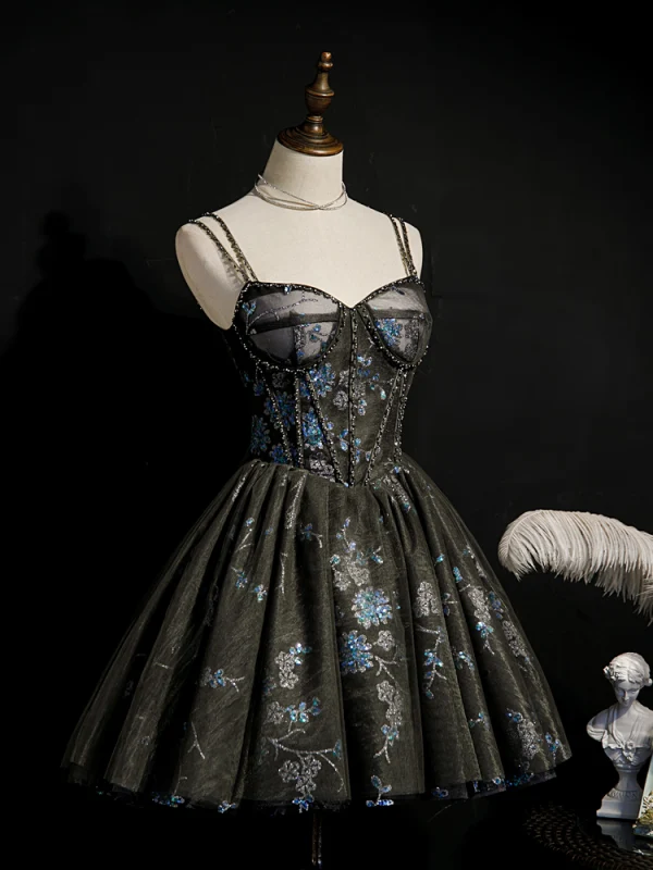 Best Black Cocktail Dresses 2020 Ball Gown Spaghetti Straps Sleeveless Beading Sequins Short Ruffle Backless Formal Dresses