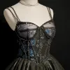 Best Black Cocktail Dresses 2020 Ball Gown Spaghetti Straps Sleeveless Beading Sequins Short Ruffle Backless Formal Dresses