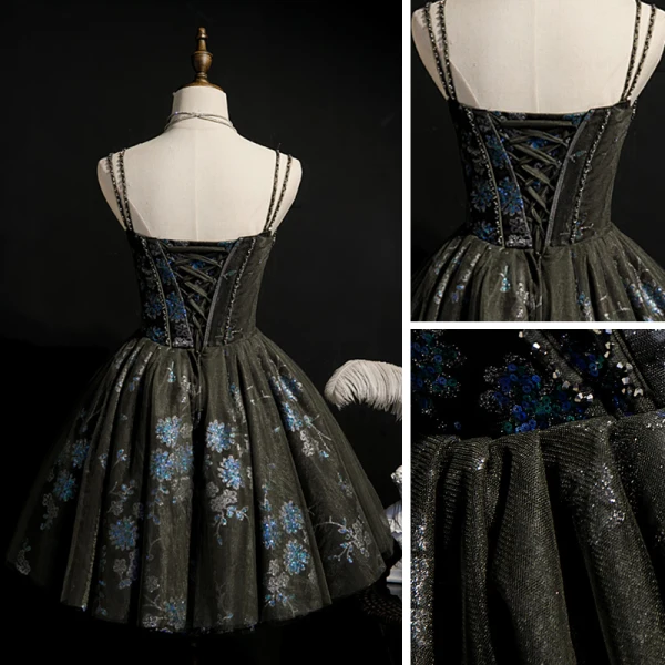 Best Black Cocktail Dresses 2020 Ball Gown Spaghetti Straps Sleeveless Beading Sequins Short Ruffle Backless Formal Dresses
