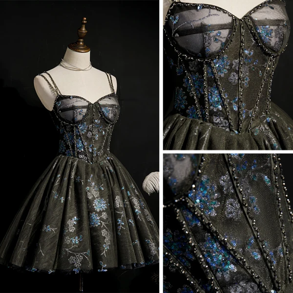 Best Black Cocktail Dresses 2020 Ball Gown Spaghetti Straps Sleeveless Beading Sequins Short Ruffle Backless Formal Dresses