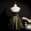 Best Black Cocktail Dresses 2020 A-Line / Princess Spaghetti Straps Sleeveless Sequins Beading Short Ruffle Backless Formal Dresses