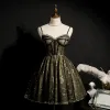 Best Black Cocktail Dresses 2020 A-Line / Princess Spaghetti Straps Sleeveless Sequins Beading Short Ruffle Backless Formal Dresses