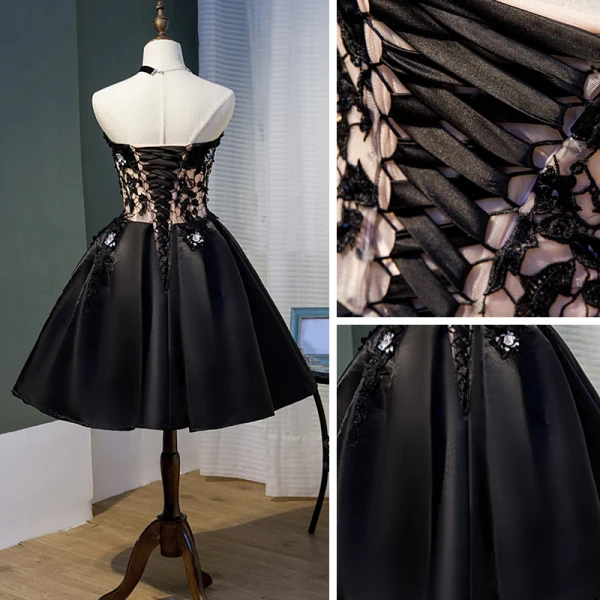 Meilleur Noire Satin de retour Robe De Graduation 2020 Princesse Bustier Sans Manches Appliques En Dentelle Perlage Courte Volants Dos Nu Robe De Ceremonie