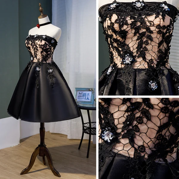 Meilleur Noire Satin de retour Robe De Graduation 2020 Princesse Bustier Sans Manches Appliques En Dentelle Perlage Courte Volants Dos Nu Robe De Ceremonie
