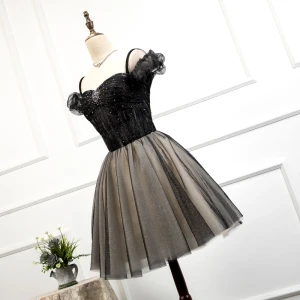 Fashion Black Homecoming Graduation Dresses 2020 A Line Princess Off The Shoulder Short Sleeve Beading Glitter Tulle Short Ruffle Backless Formal Dresses