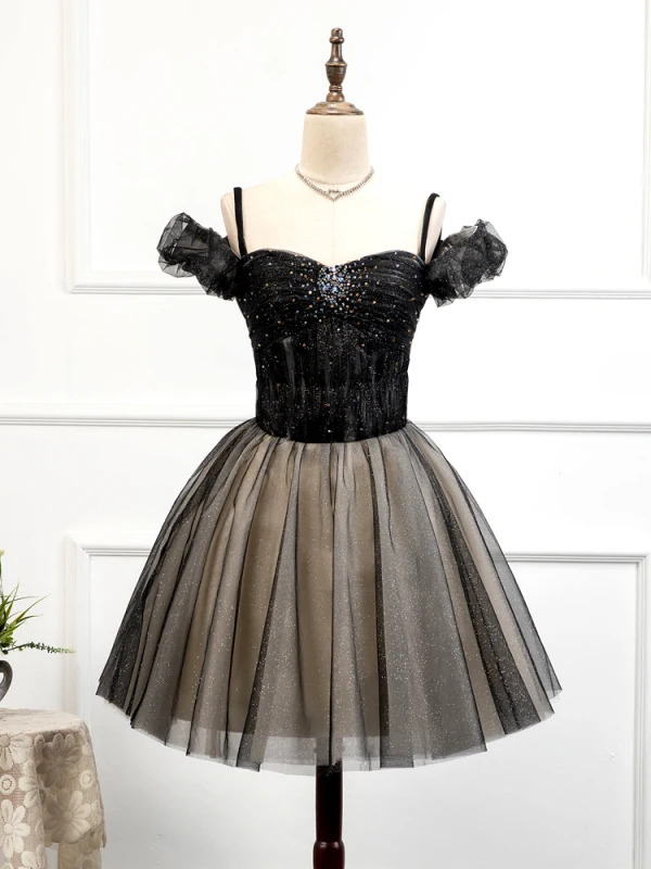 Fashion Black Homecoming Graduation Dresses 2020 A-Line / Princess Off-The-Shoulder Short Sleeve Beading Glitter Tulle Short Ruffle Backless Formal Dresses