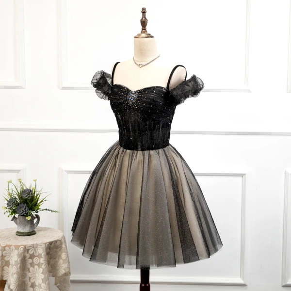 Fashion Black Homecoming Graduation Dresses 2020 A-Line / Princess Off-The-Shoulder Short Sleeve Beading Glitter Tulle Short Ruffle Backless Formal Dresses