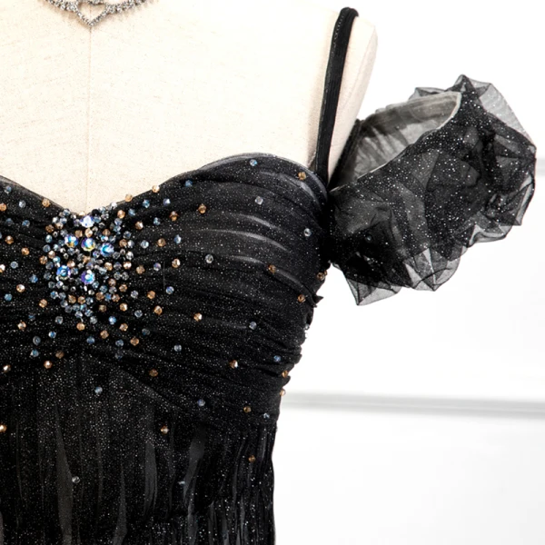 Fashion Black Homecoming Graduation Dresses 2020 A-Line / Princess Off-The-Shoulder Short Sleeve Beading Glitter Tulle Short Ruffle Backless Formal Dresses