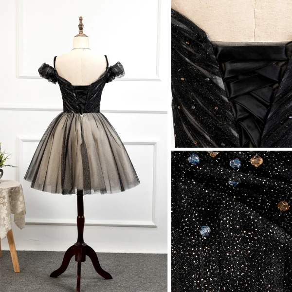 Fashion Black Homecoming Graduation Dresses 2020 A-Line / Princess Off-The-Shoulder Short Sleeve Beading Glitter Tulle Short Ruffle Backless Formal Dresses