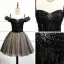 Fashion Black Homecoming Graduation Dresses 2020 A-Line / Princess Off-The-Shoulder Short Sleeve Beading Glitter Tulle Short Ruffle Backless Formal Dresses