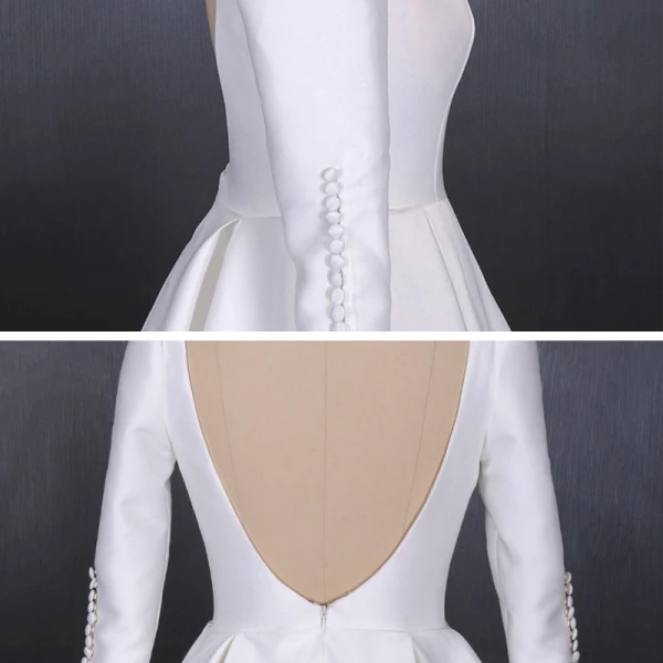 Schlicht Weiß Satin Hochzeits Brautkleider / Hochzeitskleider 2020 A Linie Eckiger Ausschnitt Lange Ärmel Rückenfreies Kapelle-Schleppe Rüschen