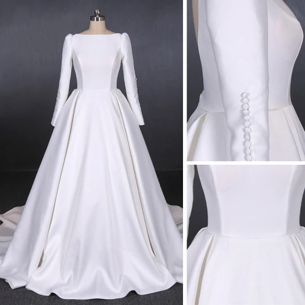 Schlicht Weiß Satin Hochzeits Brautkleider / Hochzeitskleider 2020 A Linie Eckiger Ausschnitt Lange Ärmel Rückenfreies Kapelle-Schleppe Rüschen
