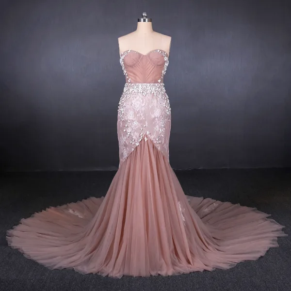High-end Perle Rosa Selskapskjoler 2020 Trompet / Havfrue Kjæreste Uten Ermer Appliques Blomst Beading Perle Chapel Train Buste Ryggløse Formelle Kjoler