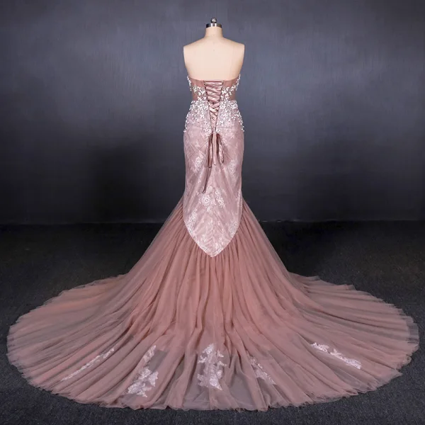 High-end Perle Rosa Selskapskjoler 2020 Trompet / Havfrue Kjæreste Uten Ermer Appliques Blomst Beading Perle Chapel Train Buste Ryggløse Formelle Kjoler