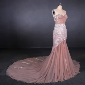 High End Pearl Pink Evening Dresses 2020 Trumpet Mermaid Sweetheart Sleeveless Appliques Flower Beading Pearl Chapel Train Ruffle Backless Formal Dresses