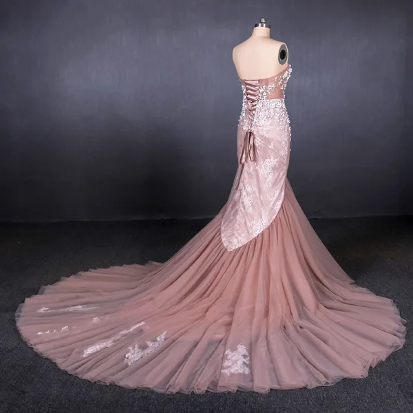 High-end Perle Rosa Selskapskjoler 2020 Trompet / Havfrue Kjæreste Uten Ermer Appliques Blomst Beading Perle Chapel Train Buste Ryggløse Formelle Kjoler