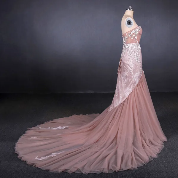 High-end Perle Rosa Selskapskjoler 2020 Trompet / Havfrue Kjæreste Uten Ermer Appliques Blomst Beading Perle Chapel Train Buste Ryggløse Formelle Kjoler