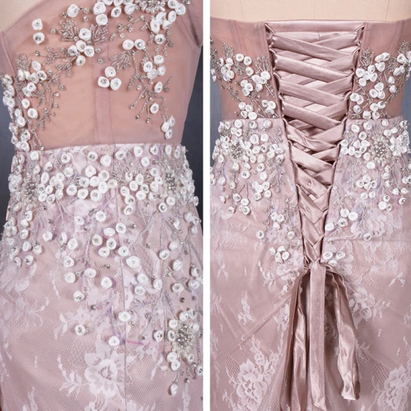 High-end Perle Rosa Selskapskjoler 2020 Trompet / Havfrue Kjæreste Uten Ermer Appliques Blomst Beading Perle Chapel Train Buste Ryggløse Formelle Kjoler