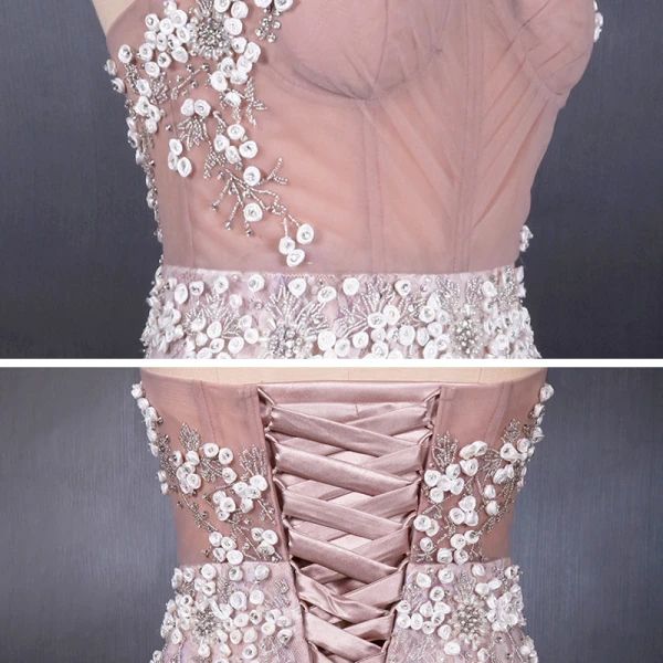 High-end Perle Rosa Selskapskjoler 2020 Trompet / Havfrue Kjæreste Uten Ermer Appliques Blomst Beading Perle Chapel Train Buste Ryggløse Formelle Kjoler