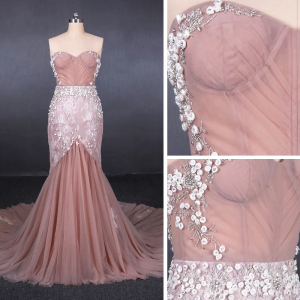 High-end Perle Rosa Selskapskjoler 2020 Trompet / Havfrue Kjæreste Uten Ermer Appliques Blomst Beading Perle Chapel Train Buste Ryggløse Formelle Kjoler