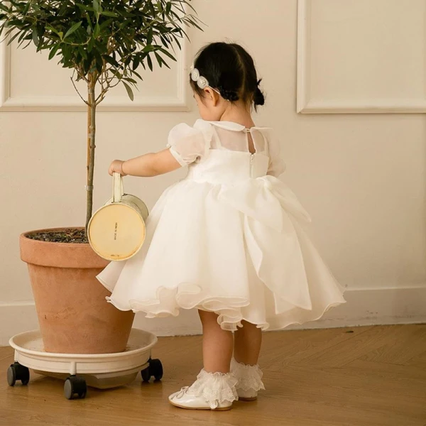 Chic / Beautiful White Organza Flower Girl Dresses 2020 Ball Gown Scoop Neck Puffy Short Sleeve Bow Short Ruffle Wedding Party Dresses
