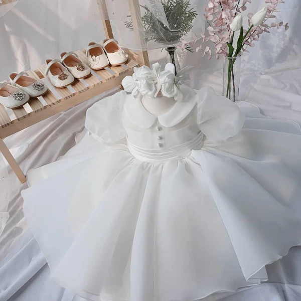 Chic / Beautiful White Organza Flower Girl Dresses 2020 Ball Gown Scoop Neck Puffy Short Sleeve Bow Short Ruffle Wedding Party Dresses
