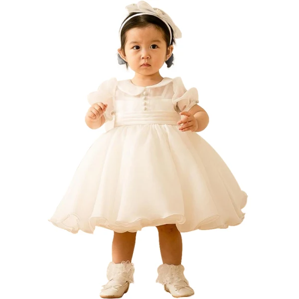 Chic / Beautiful White Organza Flower Girl Dresses 2020 Ball Gown Scoop Neck Puffy Short Sleeve Bow Short Ruffle Wedding Party Dresses