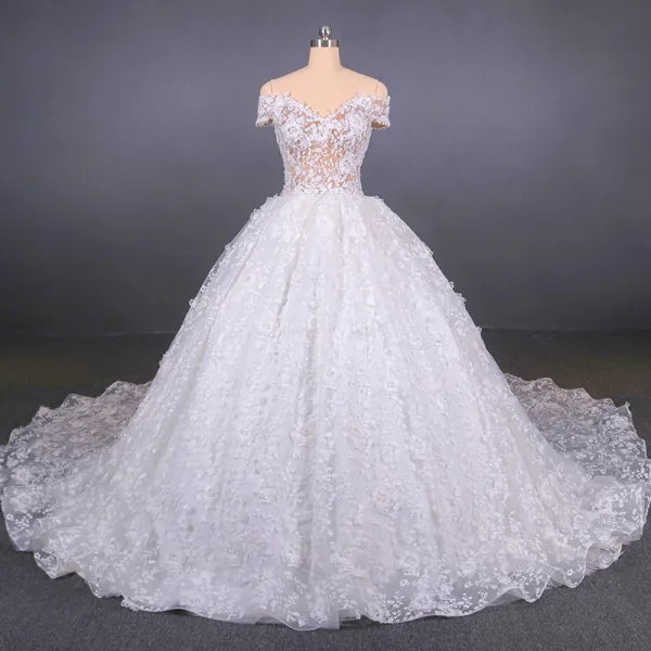 Illusion Luxury / Gorgeous White Bridal Wedding Dresses 2020 Ball Gown Off-The-Shoulder Short Sleeve Backless Appliques Lace Beading Cathedral Train Ruffle