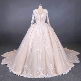 Illusion Champagne Transparentes La Mariée Robe De Mariée 2020 Robe Boule Col V Profond Manches Longues Dos Nu Appliques En Dentelle Perlage Cathedral Train Volants