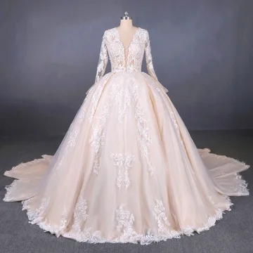 Illusion Champagne See Through Bridal Wedding Dresses 2020 Ball Gown Deep V Neck Long Sleeve Backless Appliques Lace Beading Cathedral Train Ruffle