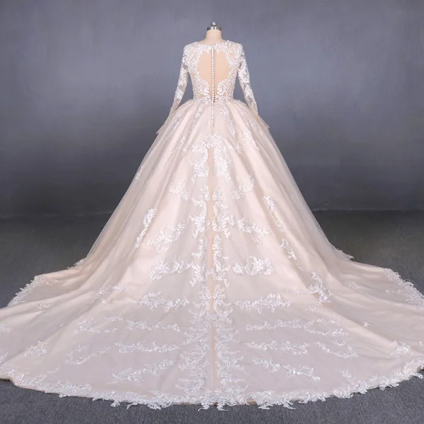 Illusion Champagne See-through Bridal Wedding Dresses 2020 Ball Gown Deep V-Neck Long Sleeve Backless Appliques Lace Beading Cathedral Train Ruffle