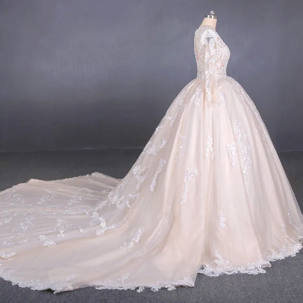 Illusion Champagne See-through Bridal Wedding Dresses 2020 Ball Gown Deep V-Neck Long Sleeve Backless Appliques Lace Beading Cathedral Train Ruffle