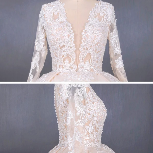 Illusion Champagne See-through Bridal Wedding Dresses 2020 Ball Gown Deep V-Neck Long Sleeve Backless Appliques Lace Beading Cathedral Train Ruffle