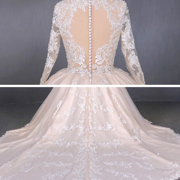 Illusion Champagne See-through Bridal Wedding Dresses 2020 Ball Gown Deep V-Neck Long Sleeve Backless Appliques Lace Beading Cathedral Train Ruffle