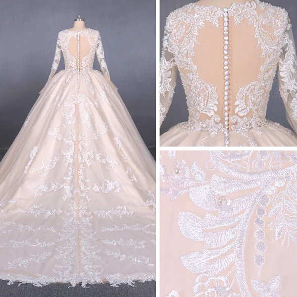 Illusion Champagne See-through Bridal Wedding Dresses 2020 Ball Gown Deep V-Neck Long Sleeve Backless Appliques Lace Beading Cathedral Train Ruffle