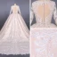 Illusion Champagne See-through Bridal Wedding Dresses 2020 Ball Gown Deep V-Neck Long Sleeve Backless Appliques Lace Beading Cathedral Train Ruffle