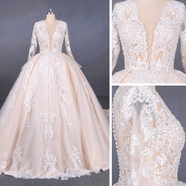 Illusion Champagne See-through Bridal Wedding Dresses 2020 Ball Gown Deep V-Neck Long Sleeve Backless Appliques Lace Beading Cathedral Train Ruffle