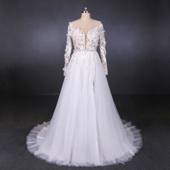 Charmant Blanche Transparentes La Mariée Robe De Mariée 2020 Princesse Manches Longues Col V Profond Dos Nu Appliques En Dentelle Perlage Fendue Devant Tribunal Train